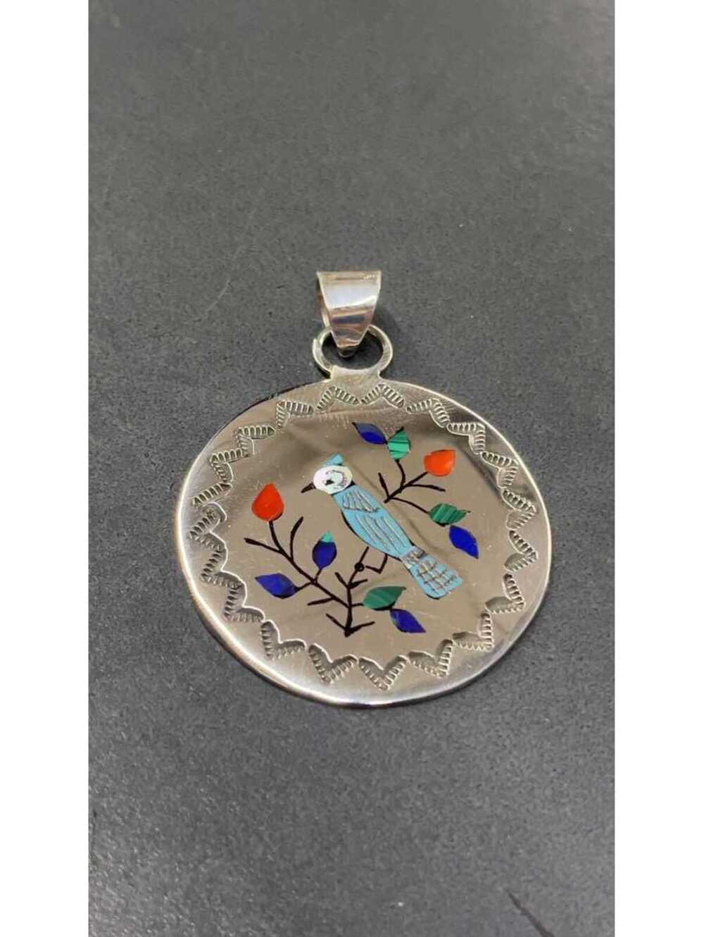 Zuni sterling silver turquoise multi stone traditional blue jay bird inlay